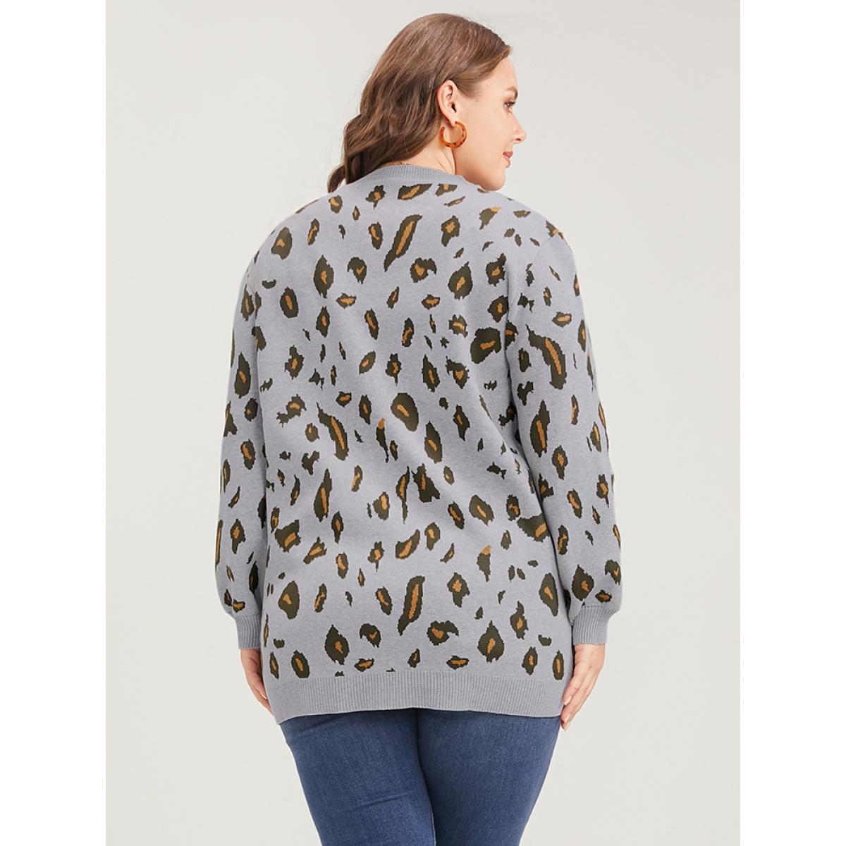 Plus Size Leopard Super Soft Knit Pocket Jacquard Open Front Cardigan DarkGray Women Casual Long Sleeve Dailywear Cardigans BloomChic 18-20/2X Product Image