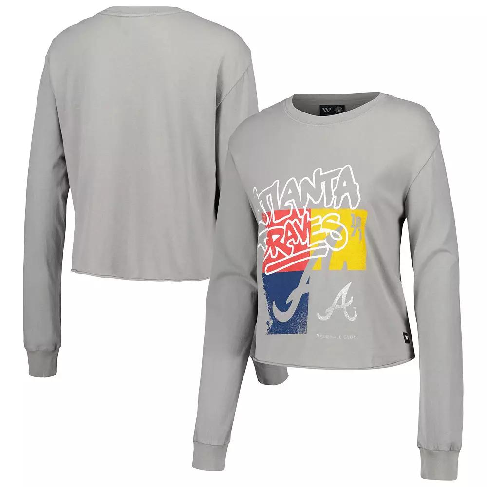 Women's The Wild Collective Gray Atlanta Braves Cropped Long Sleeve T-Shirt,  Product Image