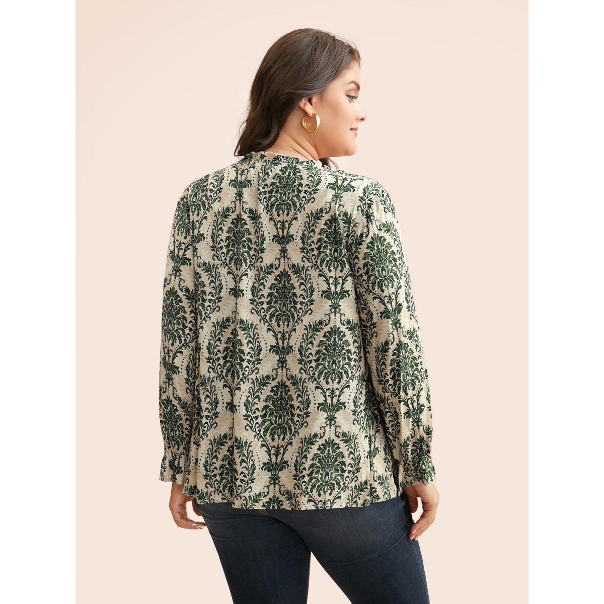 Plus Size DarkGreen Boho Print Frill Trim Slit Hem Blouse Women Elegant Long Sleeve Notched collar Everyday Blouses BloomChic 26/4X Product Image