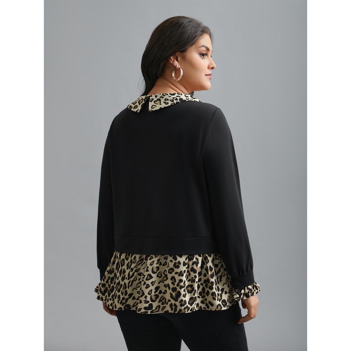Plus Size Peter Pan Collar Leopard Print Patchwork Sweatshirt Women Black Elegant Contrast Peter Pan collar Everyday Sweatshirts BloomChic 10/M Product Image
