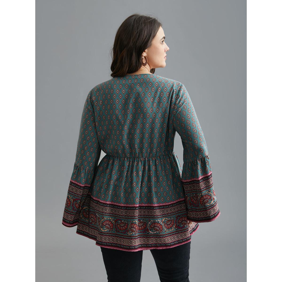 Plus Size DarkSlateGray Boho Print Lace Trim V-Neck Ruffle Sleeve Blouse Women Resort Long Sleeve V-neck Vacation Blouses BloomChic 28/5X Product Image