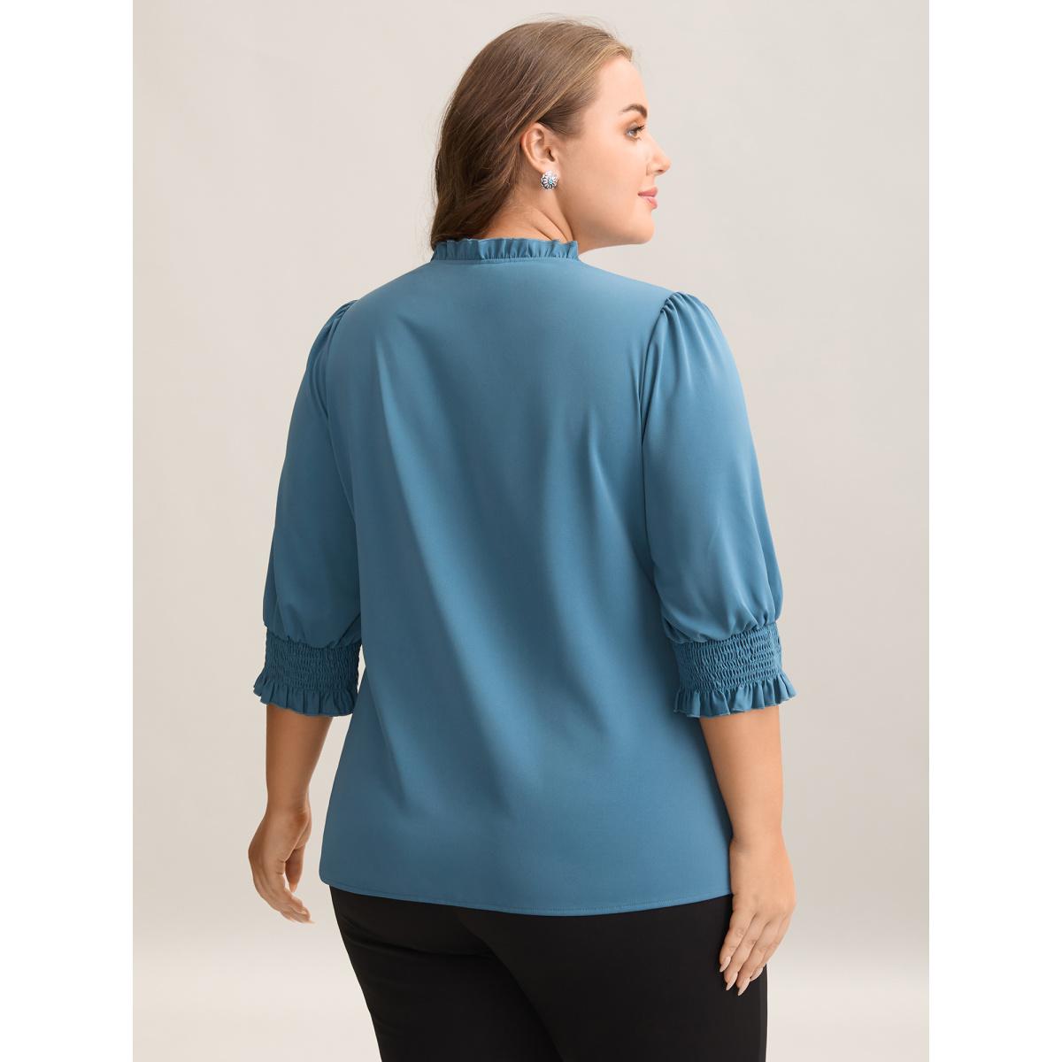 Plus Size Cerulean Shirred Sleeve Collared Plain Blouse Women At the Office Elbow-length sleeve V-neck Work Blouses BloomChic 22-24/3X Product Image