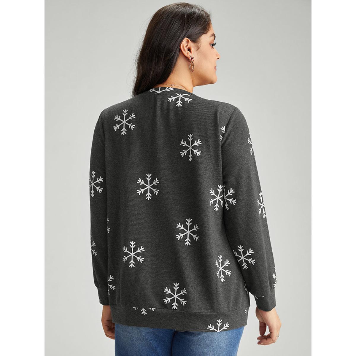 Plus Size Snowflake Print Round Neck Sweatshirt Women DimGray Casual Contrast Round Neck Festival-Christmas Sweatshirts BloomChic 28/5X Product Image