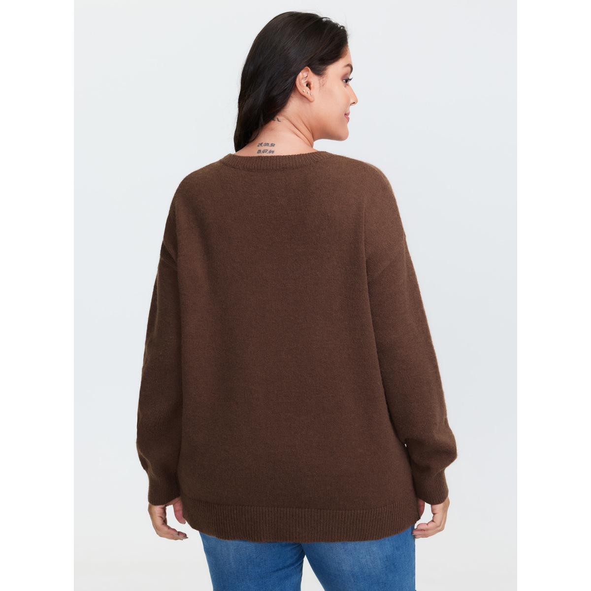 Plus Size Supersoft Sunflower Pattern Round Neck Pullover Browncoffeecolor Women Playful Loose Long Sleeve Round Neck Casual Pullovers BloomChic 10/M Product Image
