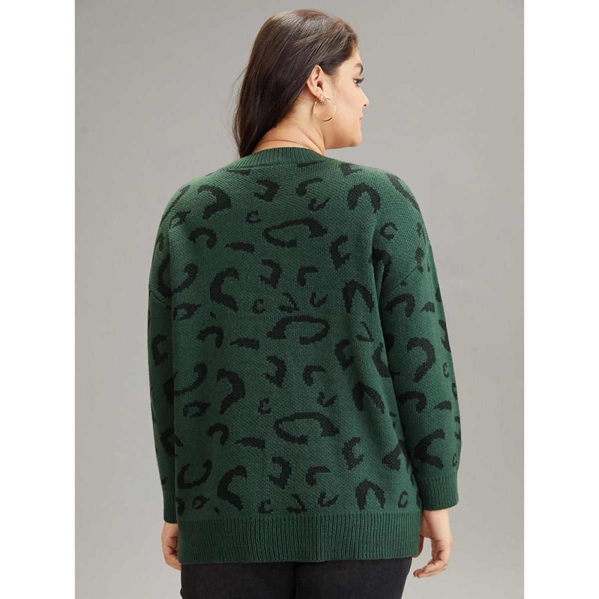 Plus Size Supersoft Essentials Leopard Print Drop Shoulder Pullover DarkGreen Women Casual Loose Long Sleeve V-neck Dailywear Pullovers BloomChic 30/6X Product Image