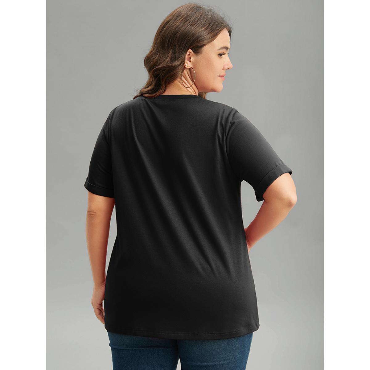 Plus Size Christmas Print Round Neck Roll Sleeve T-shirt Black Women Casual Printed Christmas Festival-Christmas T-shirts BloomChic 28/5X Product Image