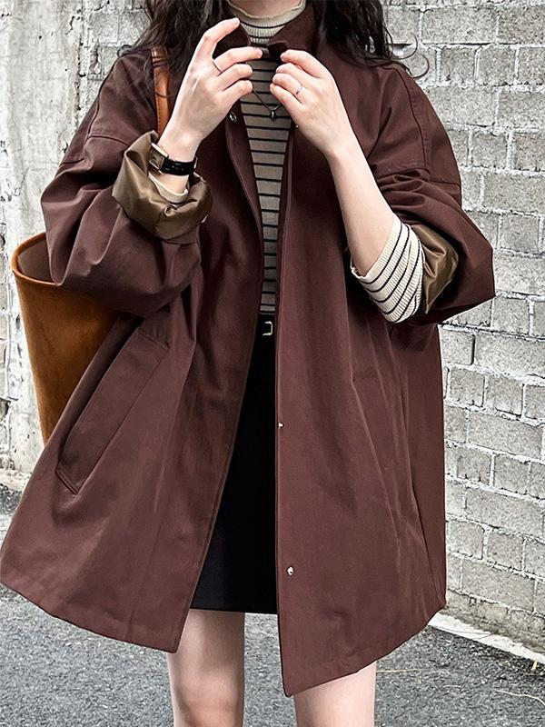 Long Sleeves Loose Pockets Solid Color Stand Collar Outerwear Trench Coats Product Image