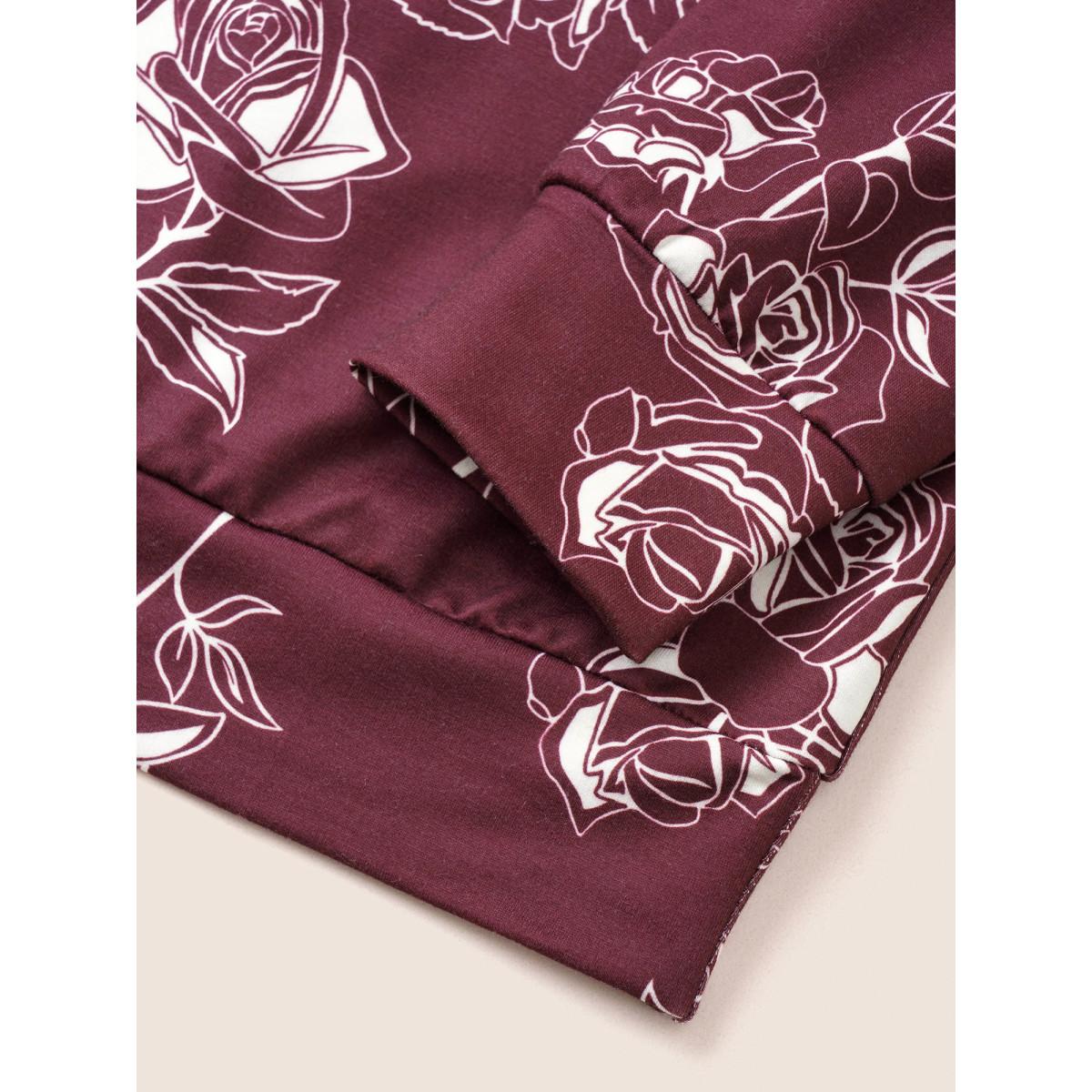 Plus Size Silhouette Floral Rose Print V Neck Sweatshirt Women Burgundy Casual Non V-neck Everyday Sweatshirts BloomChic 14-16/1X Product Image