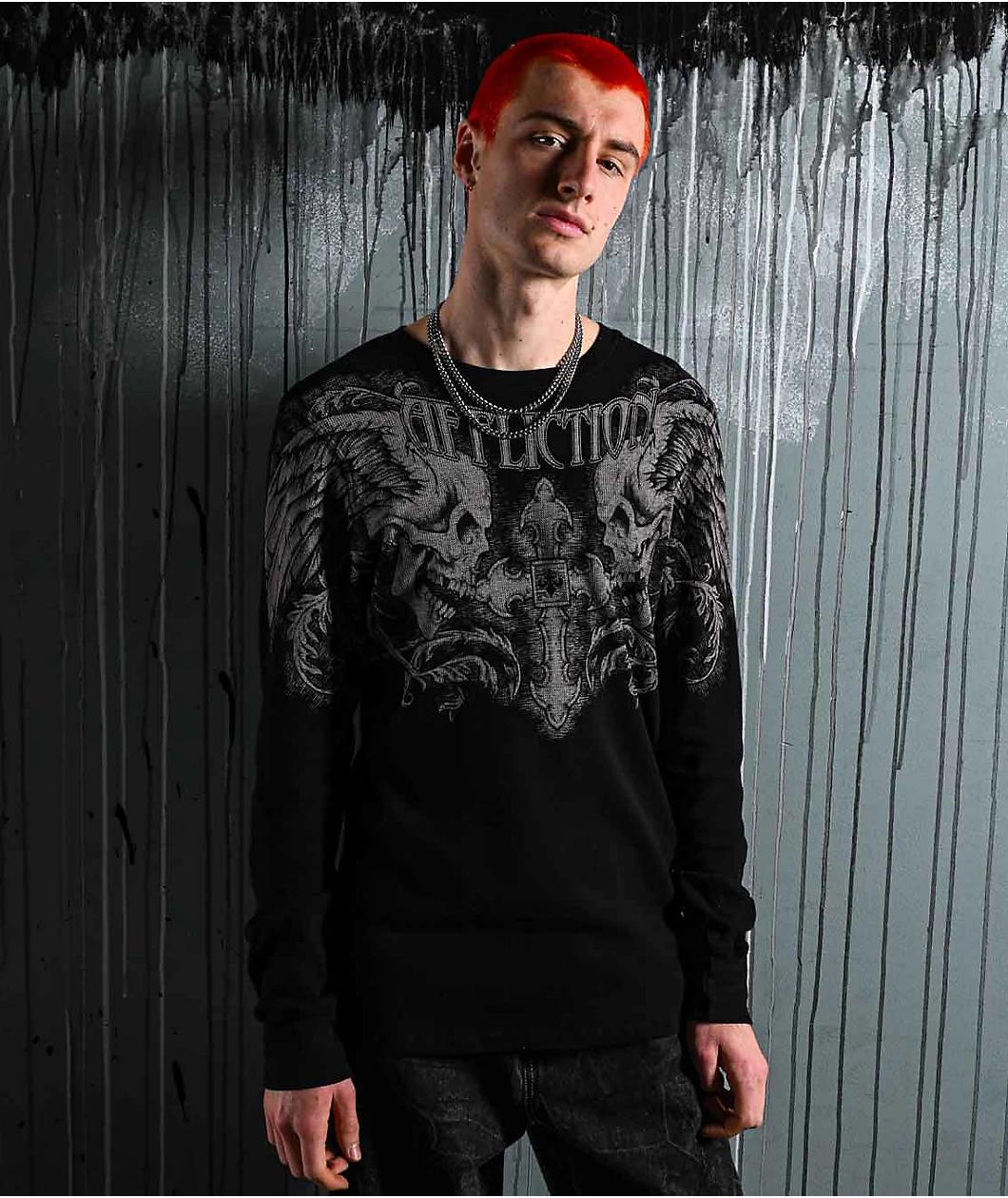 Affliction Winged Up Black Thermal Long Sleeve T-Shirt Product Image