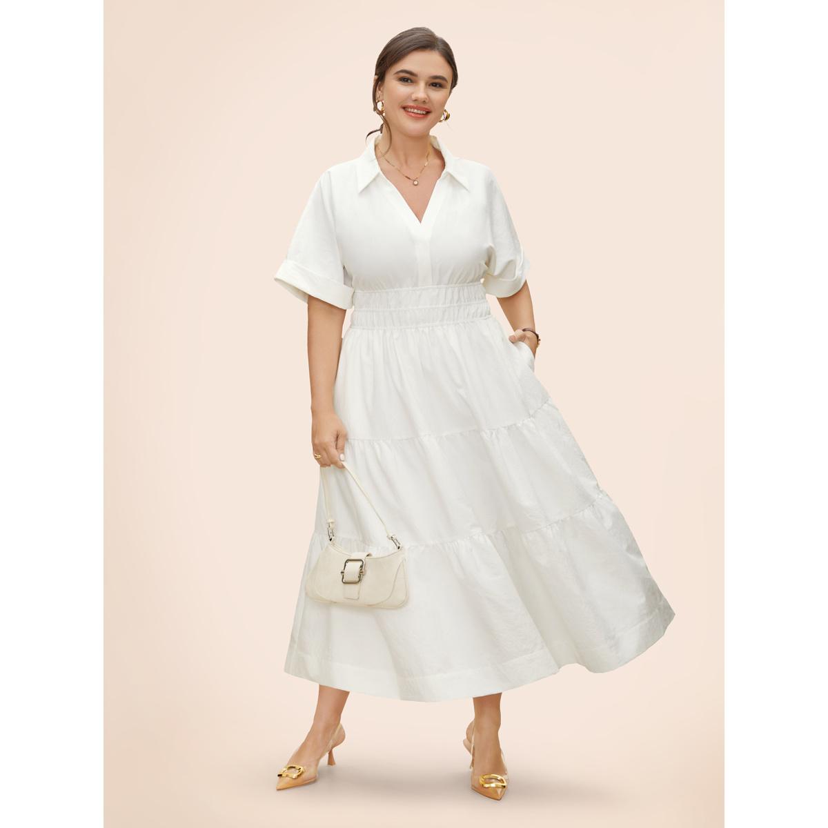 Plus Size Midfield Tiered Midi Shirt Dress Originalwhite Women At the Office Gathered Shirt collar Short sleeve Curvy BloomChic 30/6X Product Image
