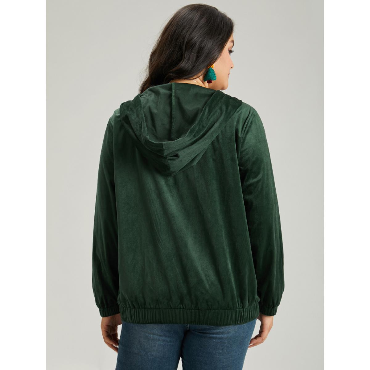 Plus Size Velvet Zipper Pocket Drawstring Hooded Jacket Women Emerald Elastic cuffs Pocket Dailywear Jackets BloomChic 14-16/1X Product Image