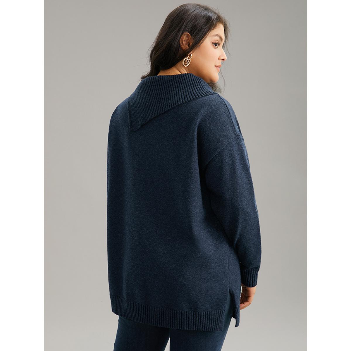 Plus Size Supersoft Essentials Asymmetrical Neck Button Detail Pullover Midnight Women Leisure Loose Long Sleeve Asymmetrical Neck Casual Pullovers BloomChic 30/6X Product Image