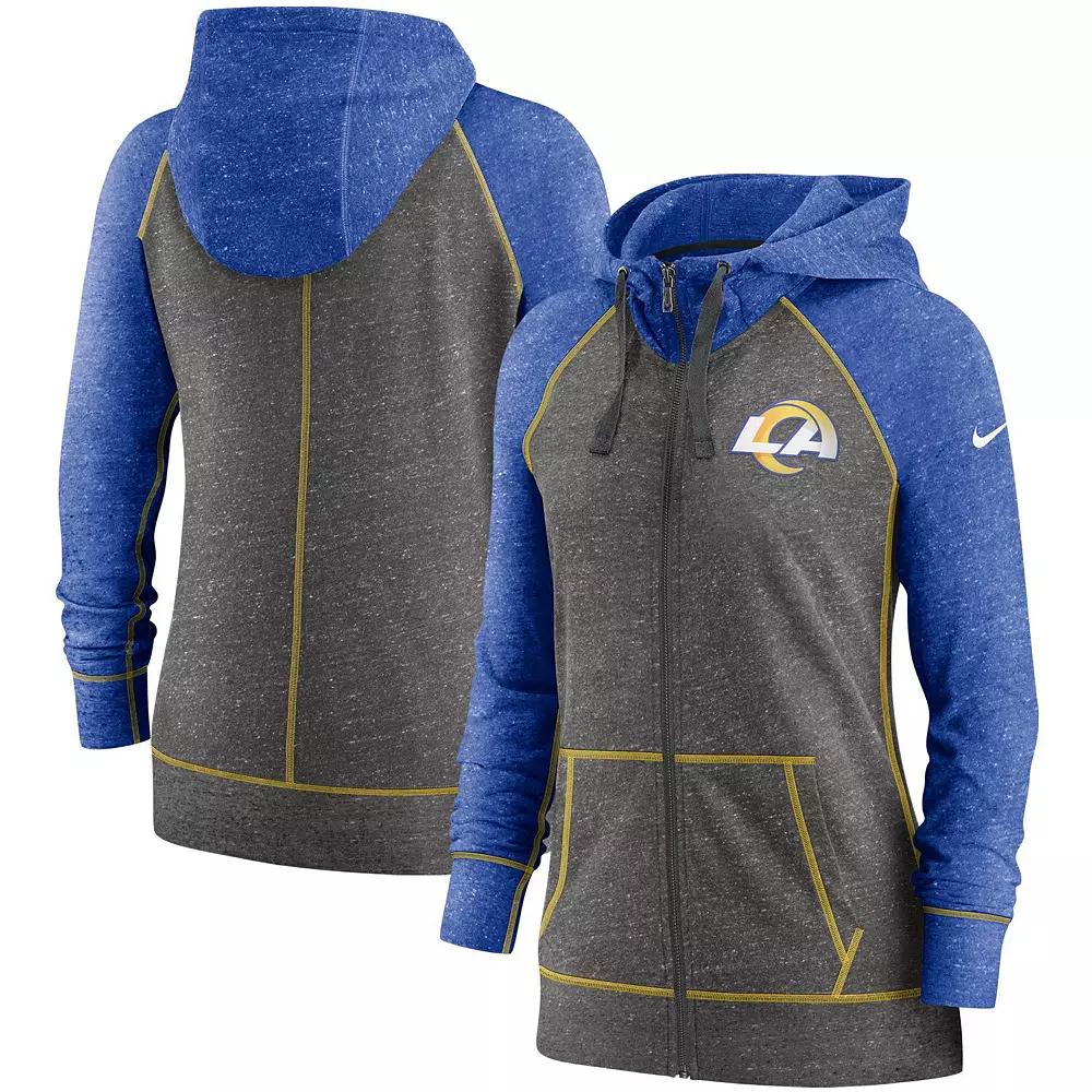 Women's Nike Heathered Charcoal/Royal Los Angeles Rams Gym Vintage Raglan Full-Zip Hoodie, Size: XL Product Image
