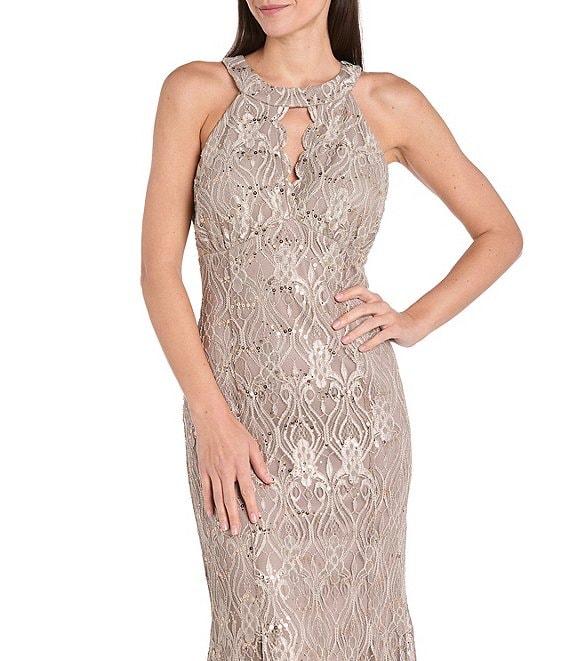 R & M Richards Petite Size Keyhole Neck Glitter Lace Scalloped Bodice Mermaid Gown Product Image