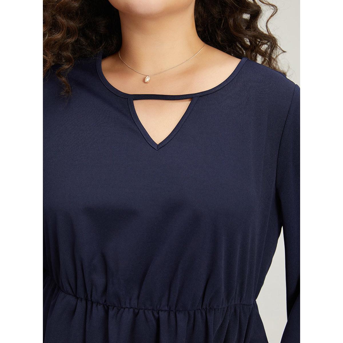 Plus Size Plain Keyhole Pocket Laser Cut Dress Navy Women Office Plain Notched collar Elbow-length sleeve Curvy Midi Dress BloomChic 28/5X Product Image