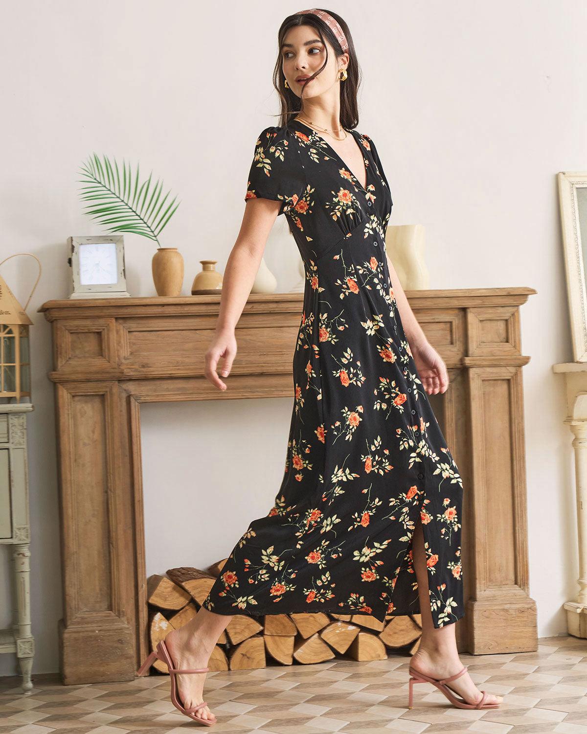 The Black V Neck Floral Short Sleeve Maxi Dress Product Image