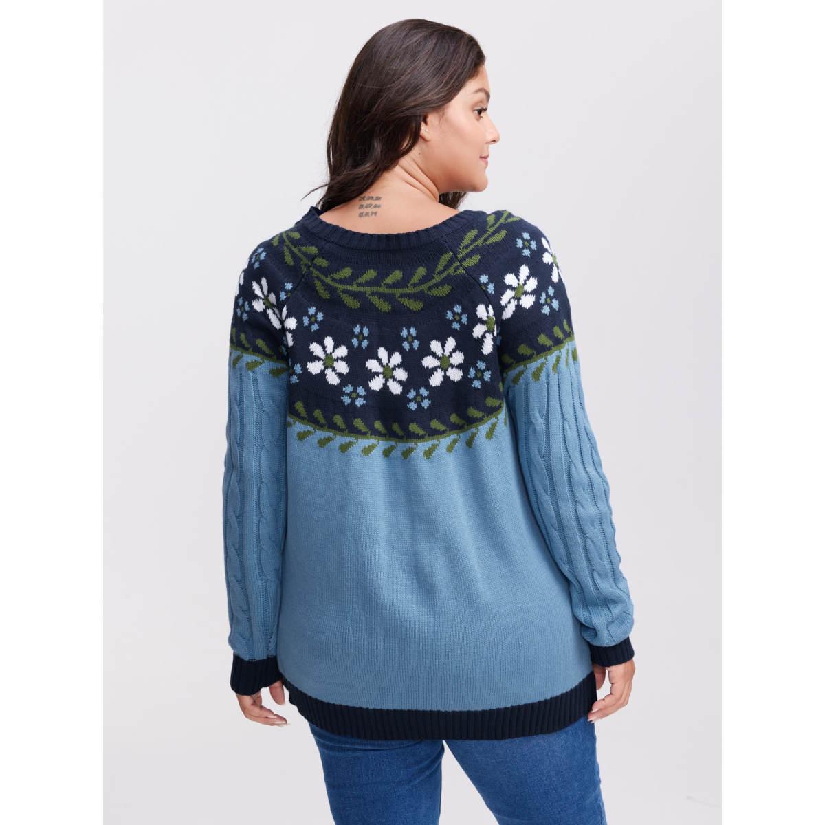 Plus Size Cable Knit Jacquard Floral Contrast Pullover LightBlue Women Playful Loose Long Sleeve Round Neck Casual Pullovers BloomChic 30/6X Product Image