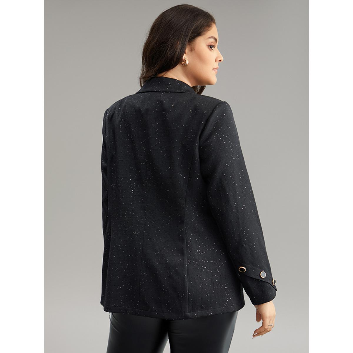 Plus Size Glitter Suit Collar Button Detail Blazer Black Women Work Plain Plain Sleeve Long Sleeve Suit Collar 22-24/3X Pocket At the Office Blazers BloomChic Product Image
