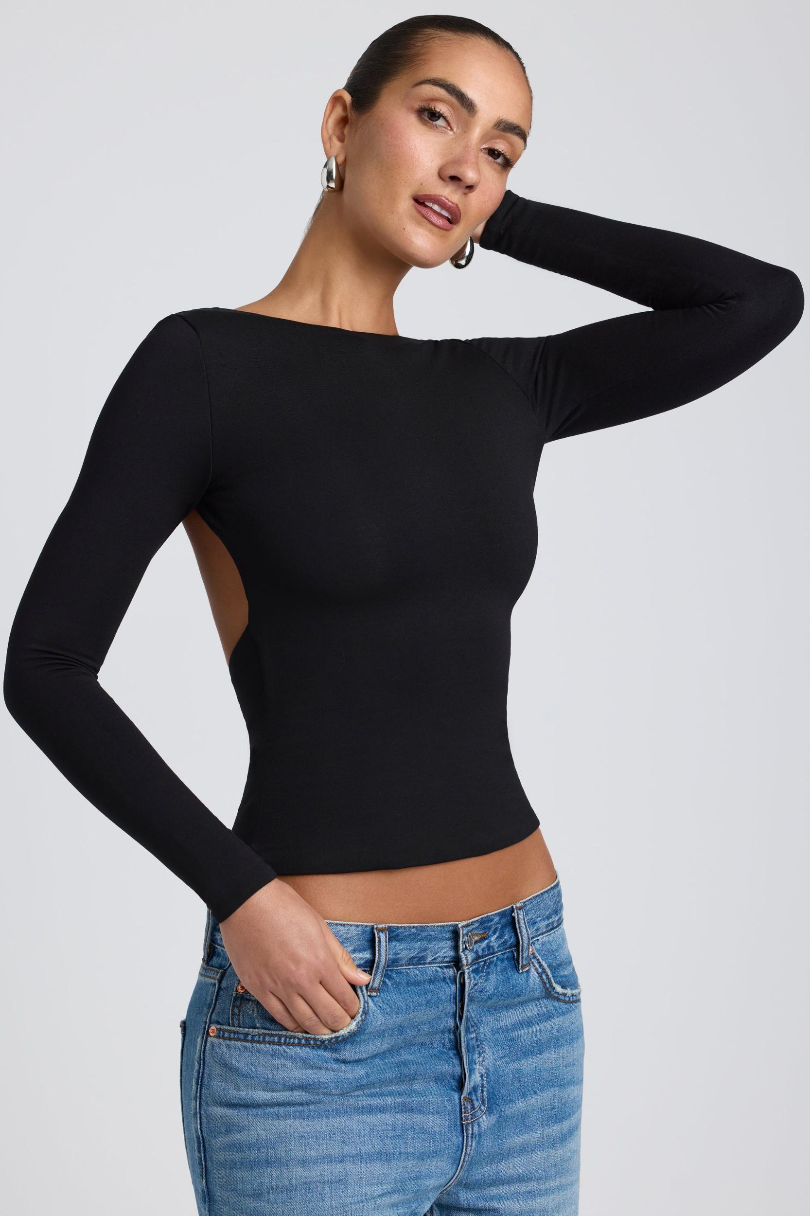 Modal High Neck Long Sleeve Open Back Top in Black Product Image