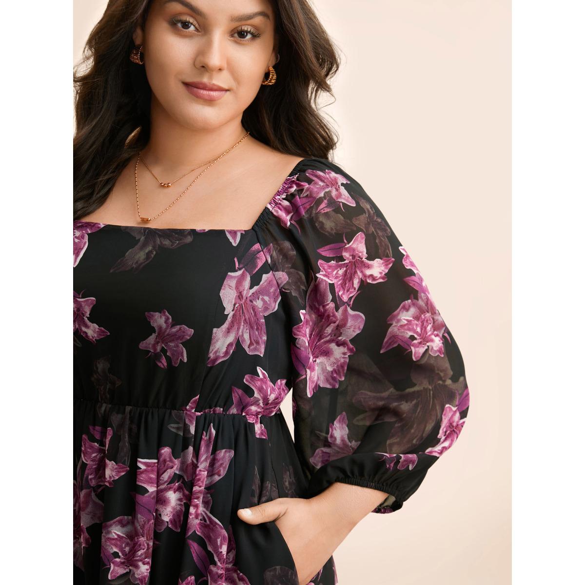 Plus Size Floral Patchwork Ruffle Hem Mesh Dress BlackFlower Women Elegant See through Square Neck Elbow-length sleeve Curvy BloomChic 22-24/3X Product Image