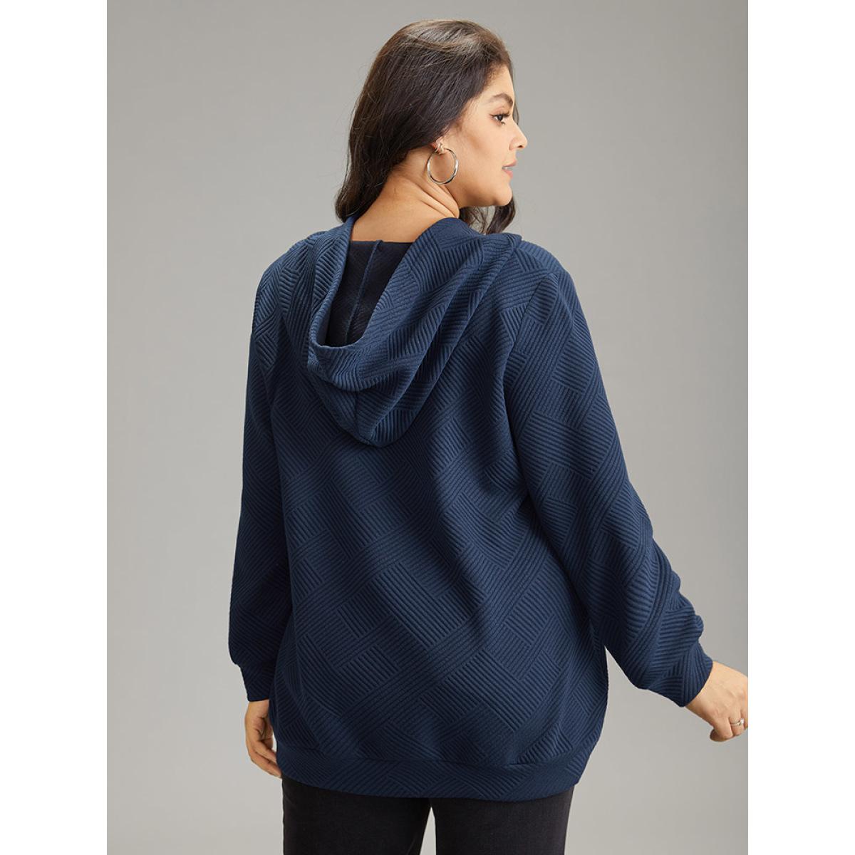 Plus Size Solid Textured Button Up Pocket Hooded Drawstring Sweatshirt Women Indigo Casual Texture Hooded Dailywear Sweatshirts BloomChic 10/M Product Image