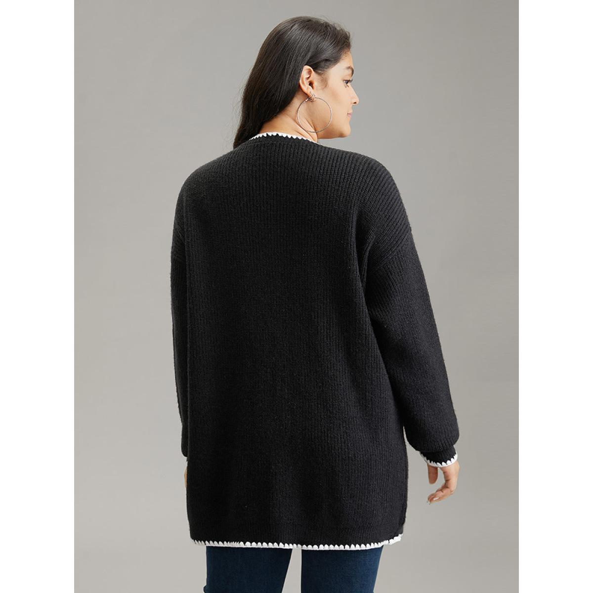 Plus Size Supersoft Essentials Contrast Trim Open Front Pocket Knit Cardigan Black Women Casual Loose Long Sleeve Dailywear Cardigans BloomChic 28/5X Product Image