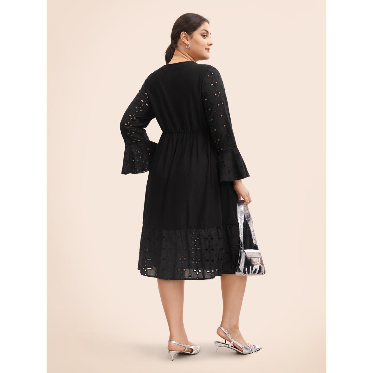Plus Size Embroidered Flare Cuffs Midi Dress Black Women Resort Woven ribbon&lace trim Notched collar Long Sleeve Curvy BloomChic 14-16/1X Product Image