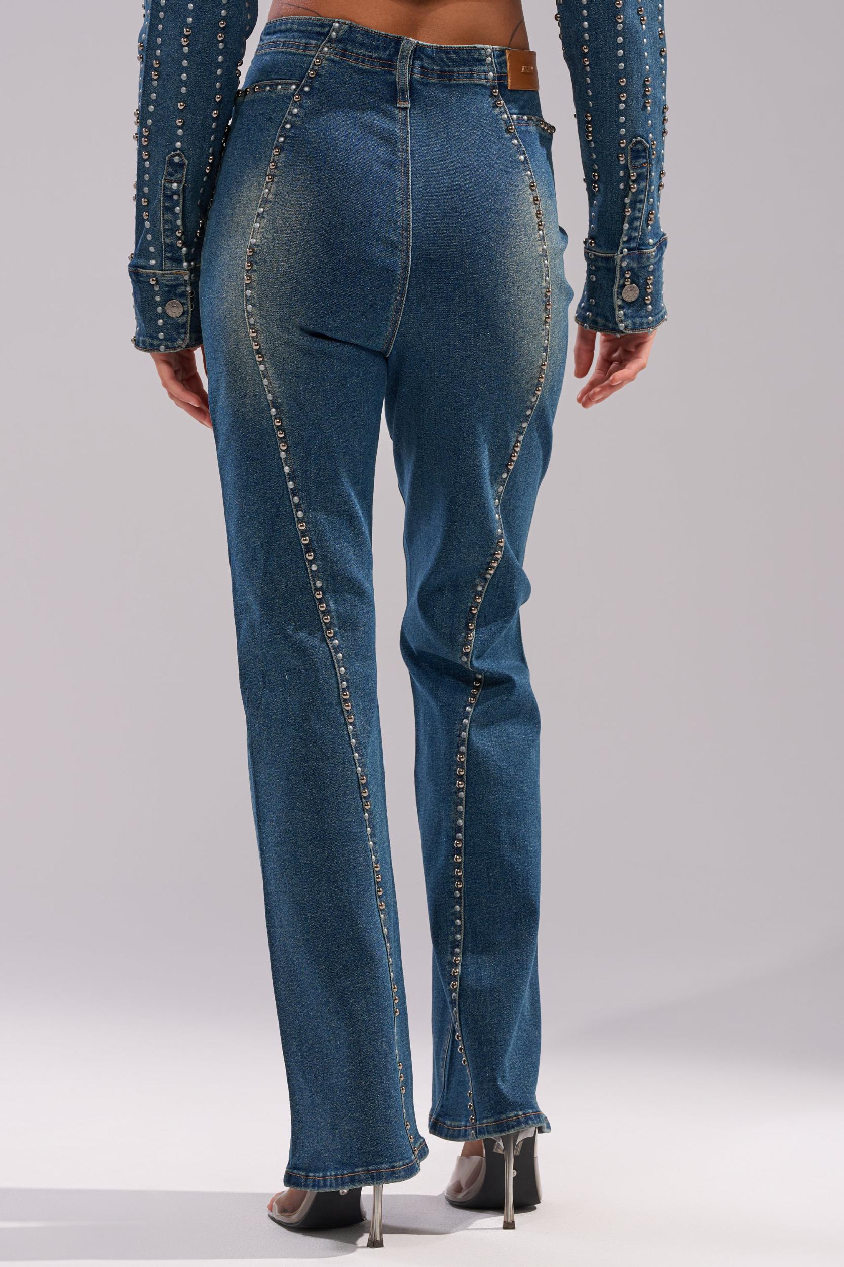 GLAMOUR STUDDED FLARE DENIM PANT Product Image