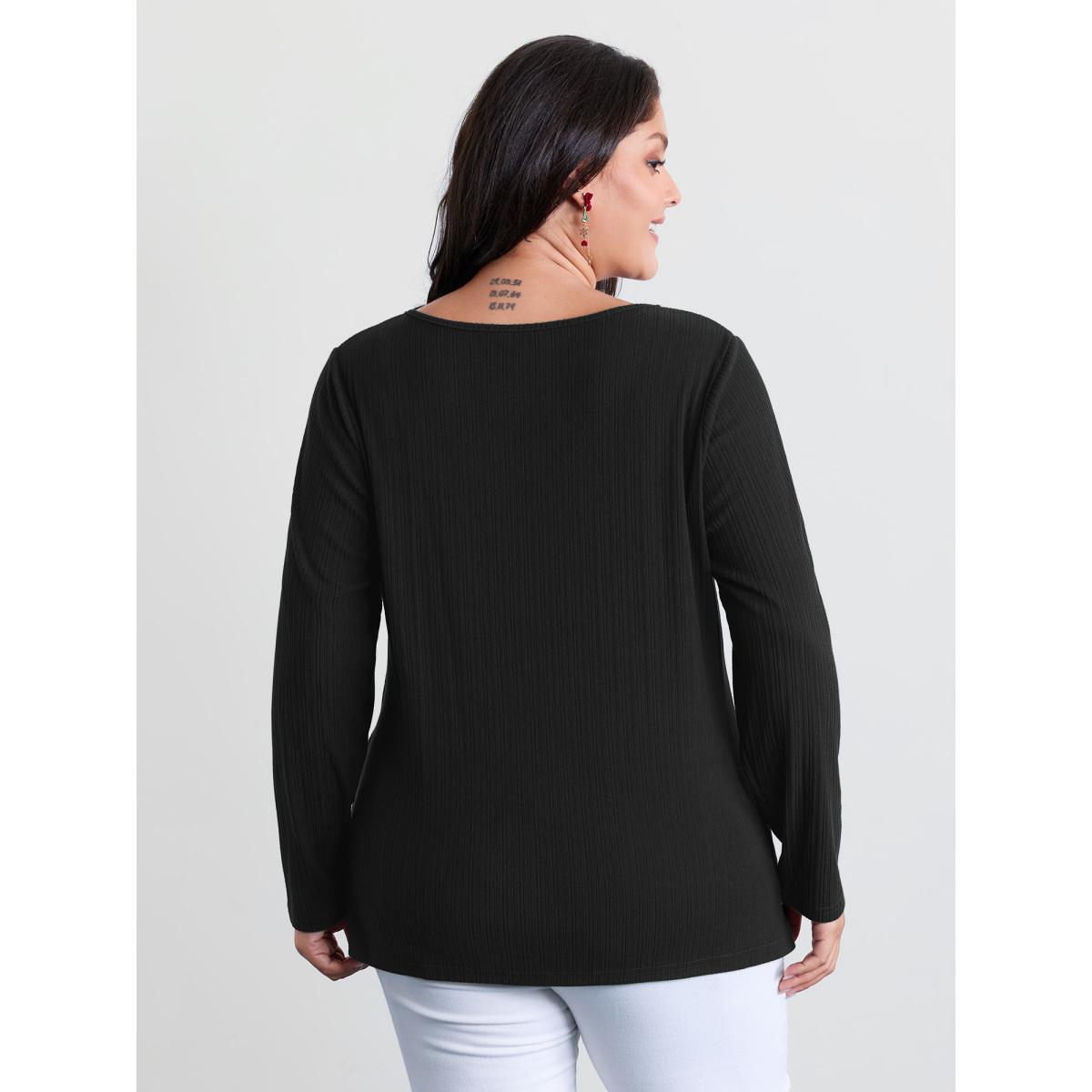 Plus Size Super Stretchy Ribbed Asymmetrical Neck T-Shirt Black Women Timeless Texture Asymmetrical Neck Elegant T-shirts BloomChic 18-20/2X Product Image