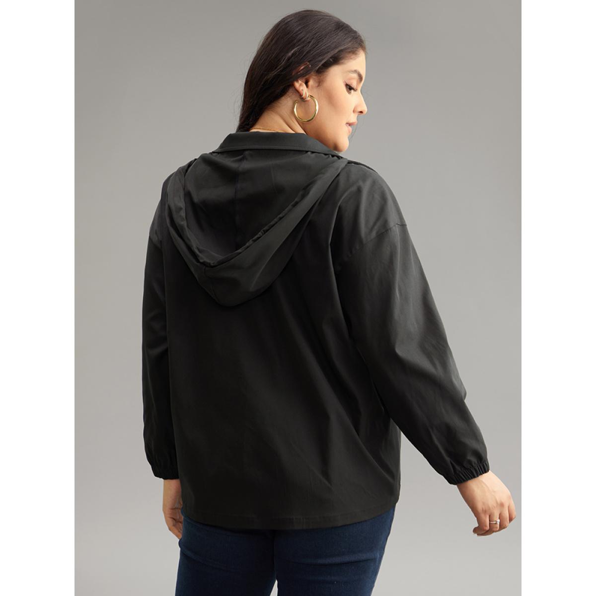 Plus Size Solid Hooded Pocket Drawstring Metal Detail Coat Women Black Casual Plain Ladies Dailywear Winter Coats BloomChic 18-20/2X Product Image