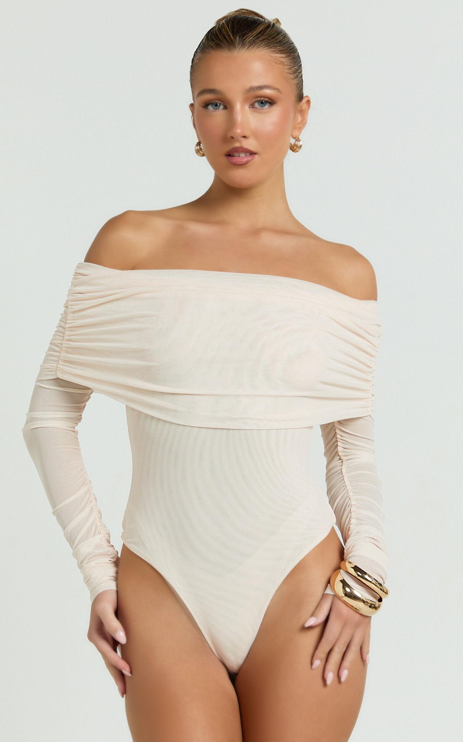 Jaythen Bodysuit - Long Sleeve Off Shoulder Ruched Mesh Bodysuit in Cream Product Image