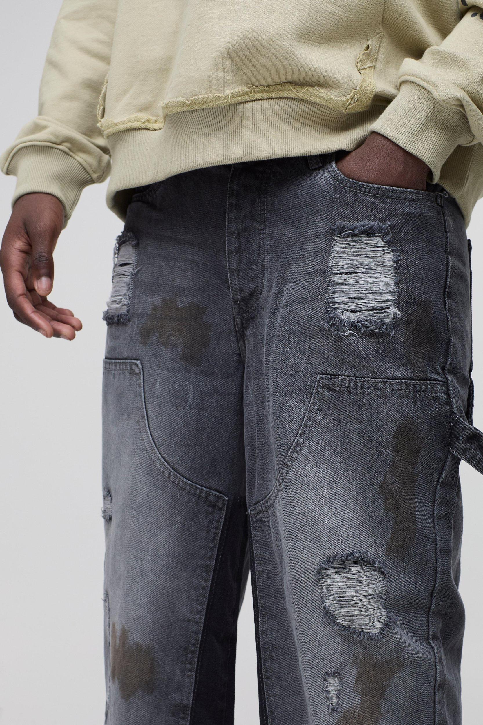 Relaxed Rigid Ripped Dirty Wash Carpenter Denim Jeans | boohooMAN USA Product Image