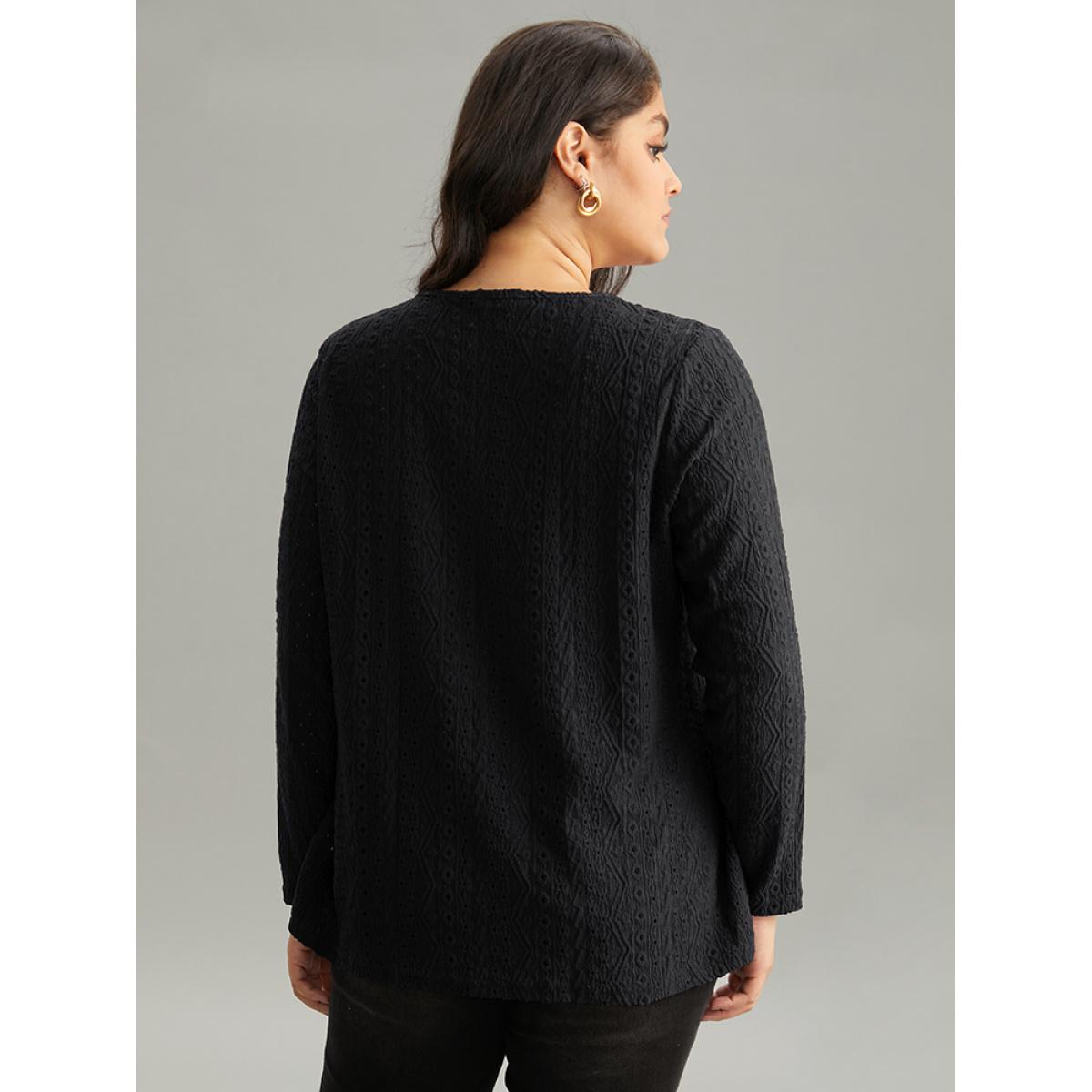 Plus Size Broderie Anglaise Button Detail Jacquard T-shirt Black Women Elegant Texture Plain V-neck Dailywear T-shirts BloomChic 28/5X Product Image
