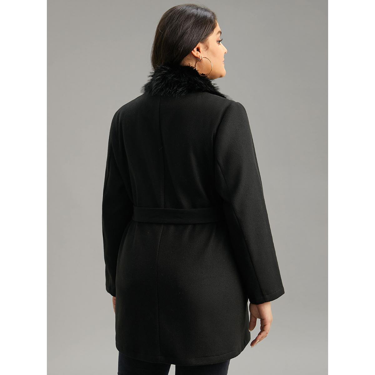 Plus Size Plain Fuzzy Trim Patchwork Belted Coat Women Black Casual Plain Ladies Dailywear Winter Coats BloomChic 22-24/3X Product Image