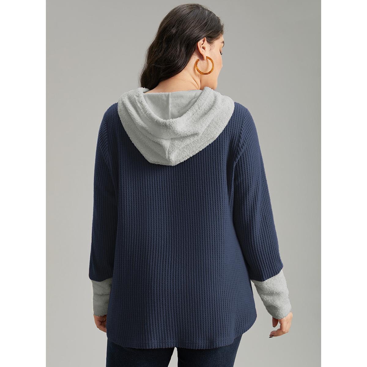 Plus Size Waffle Knit Pocket Hooded Patchwork Sweatshirt Women Navy Casual Waffle Knit Hooded Everyday Sweatshirts BloomChic 12/L Product Image