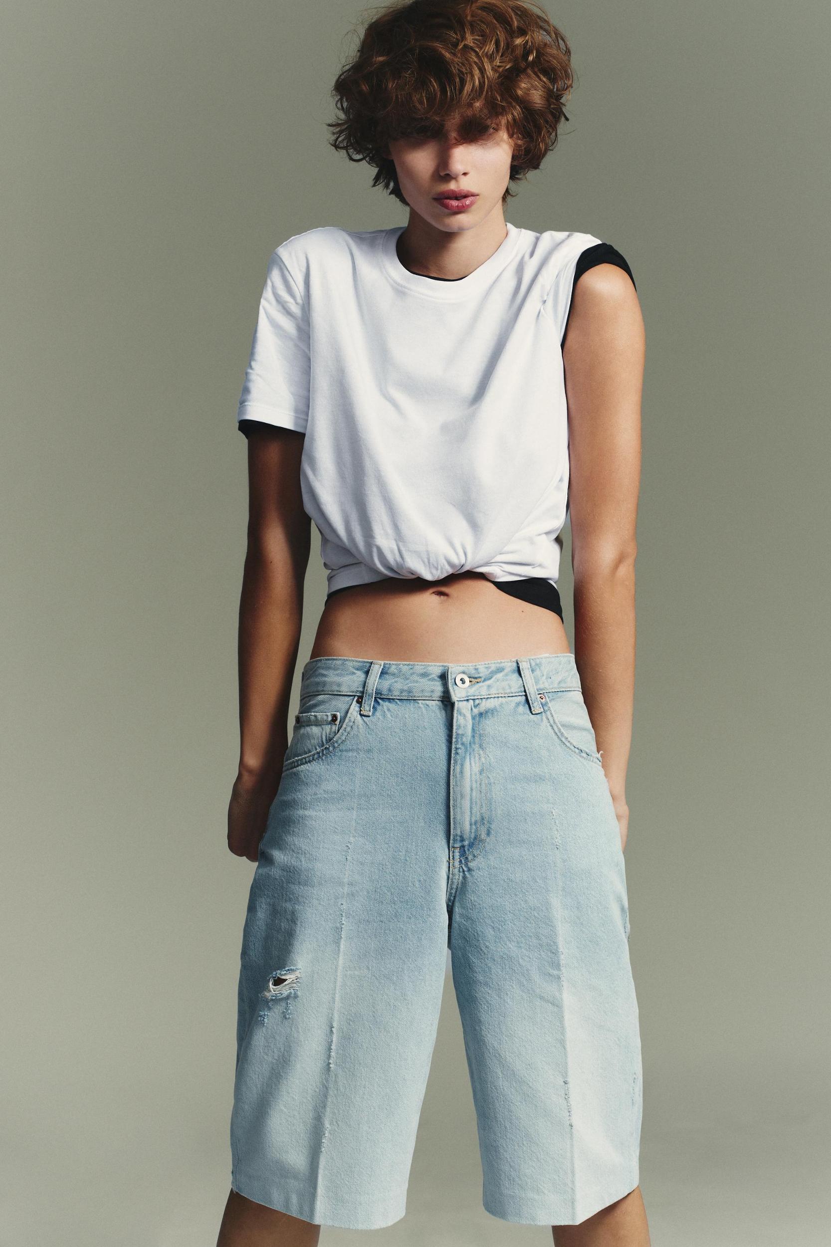 RIPPED MID-RISE TRF DENIM JORTS Product Image