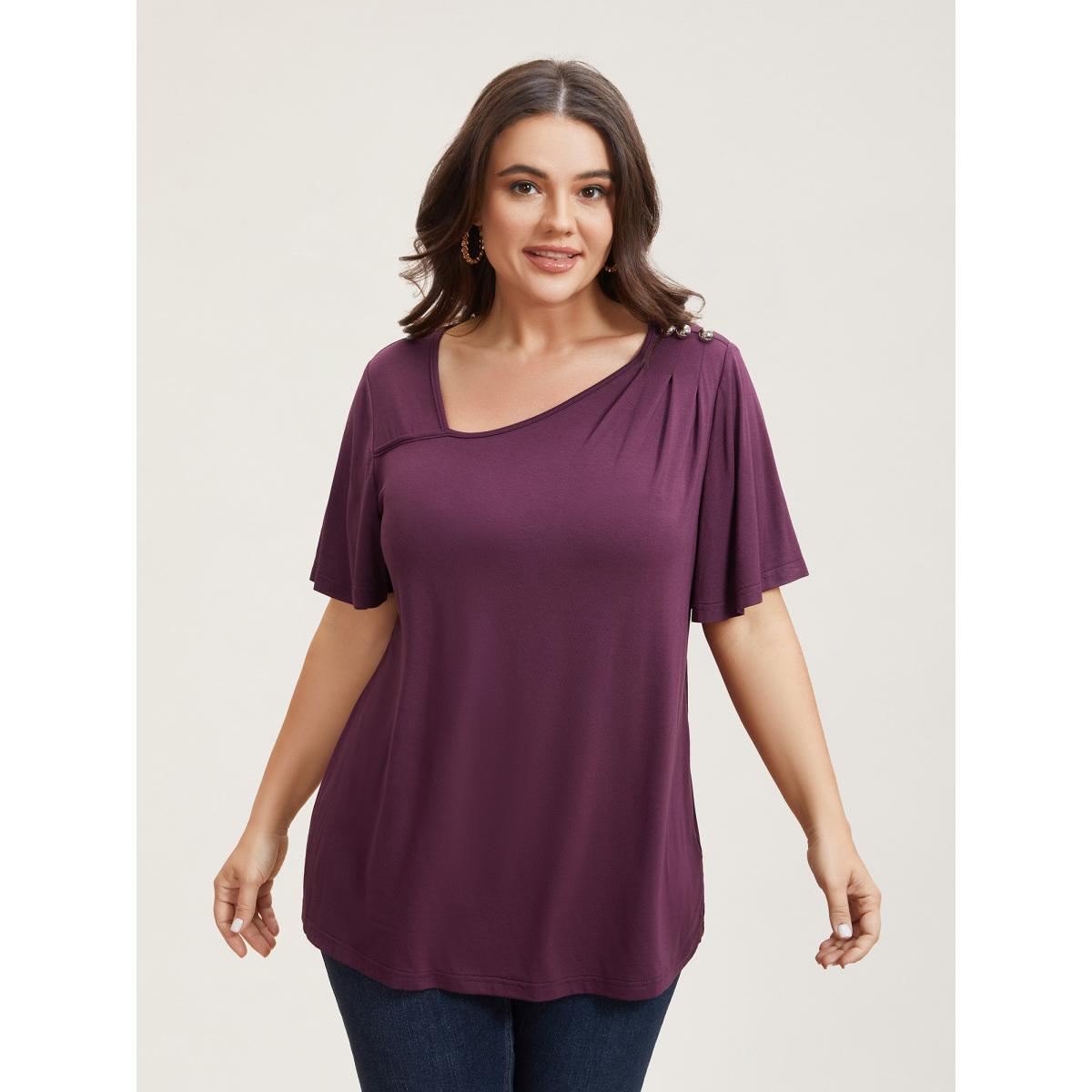 Plus Size Supersoft Asymmetrical Neckline Flutter Sleeve T-Shirt Plum Women Casual Pleated Asymmetrical Neck Everyday T-shirts BloomChic 14-16/1X Product Image