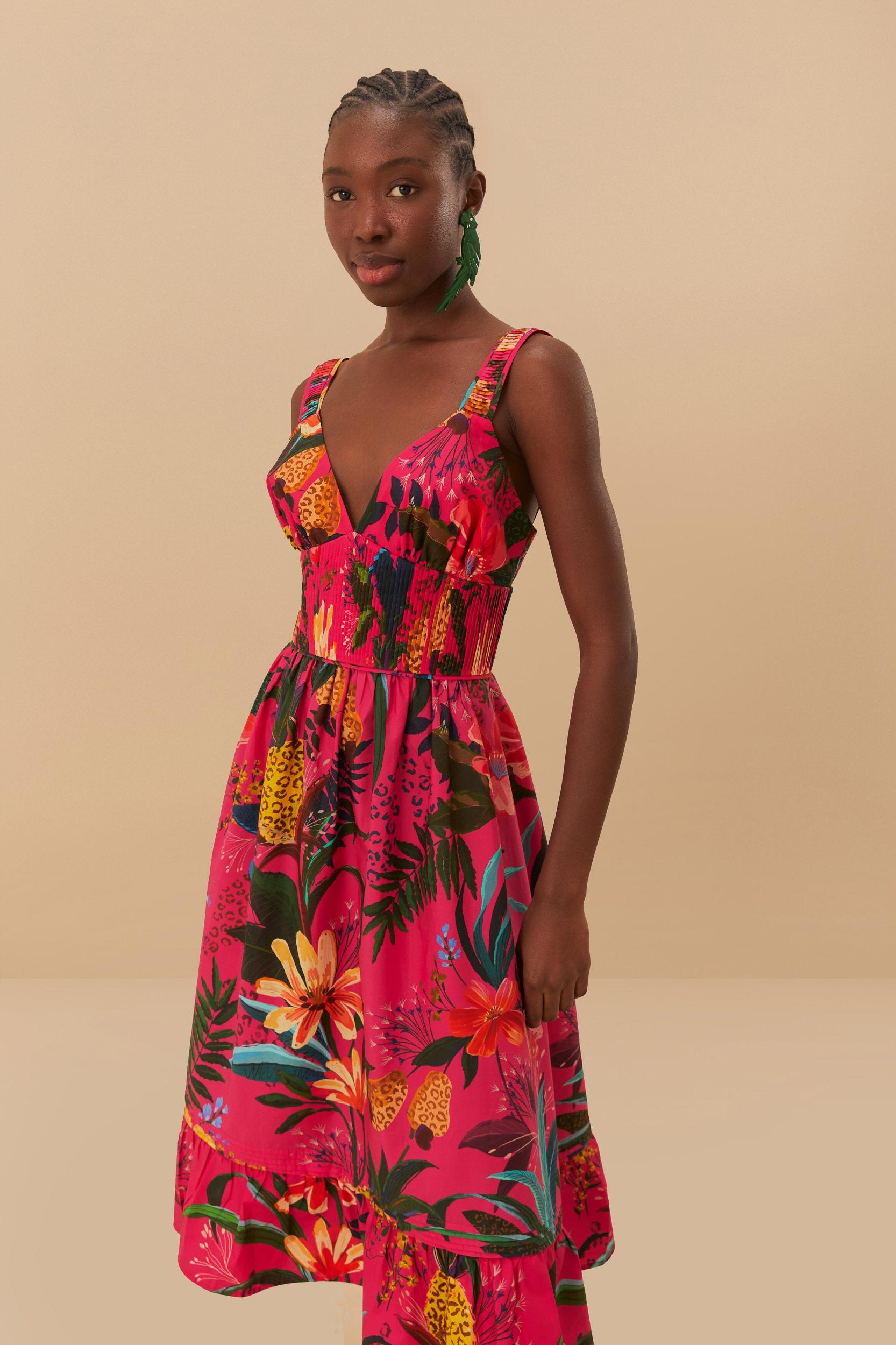 Pink Leopard Flowers Organic Cotton Midi Dress Product Image