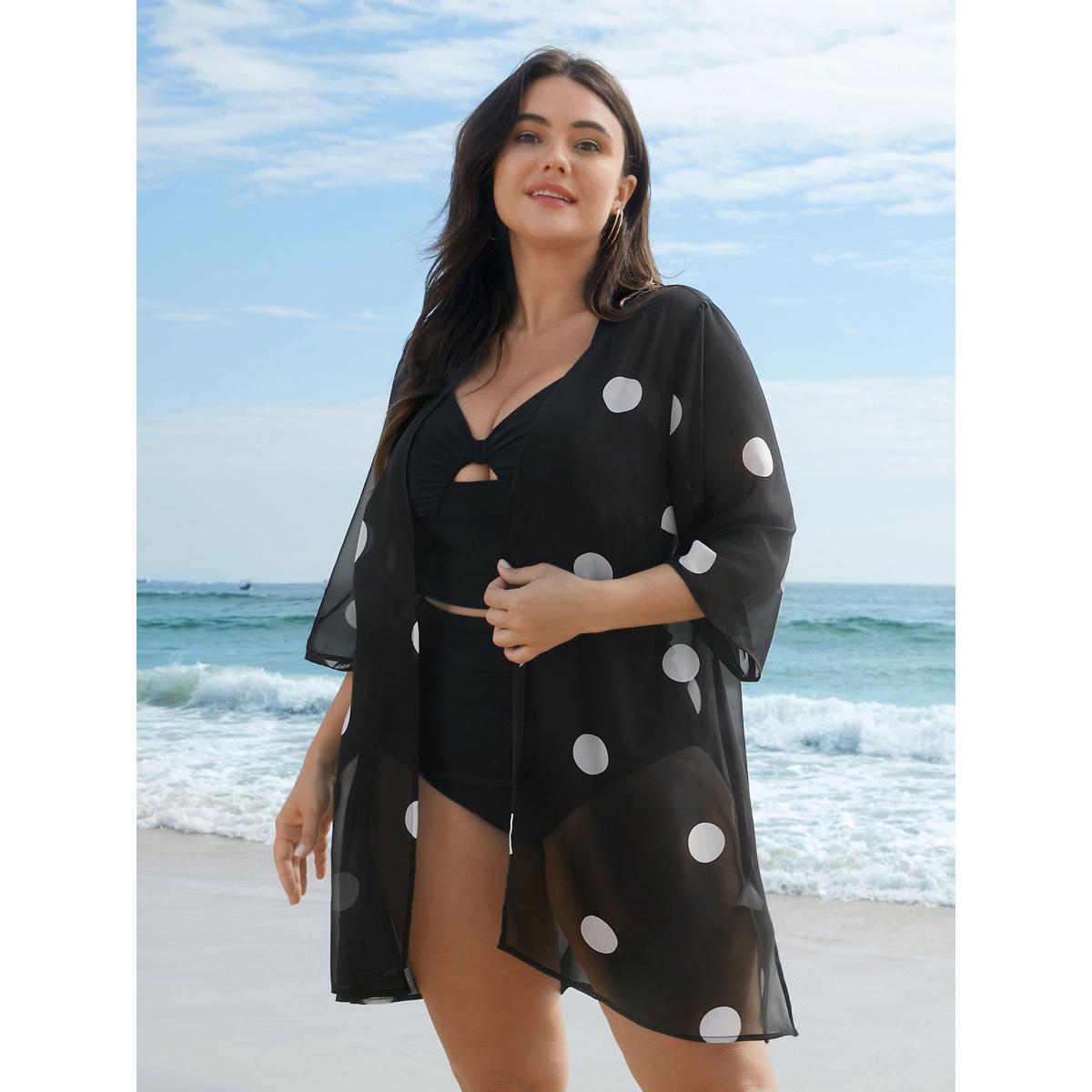 Plus Size Polka Dot Chiffon Sheer Open-Front Kimono Women Black Elegant See through Loose Everyday Kimonos BloomChic 28/5X Product Image