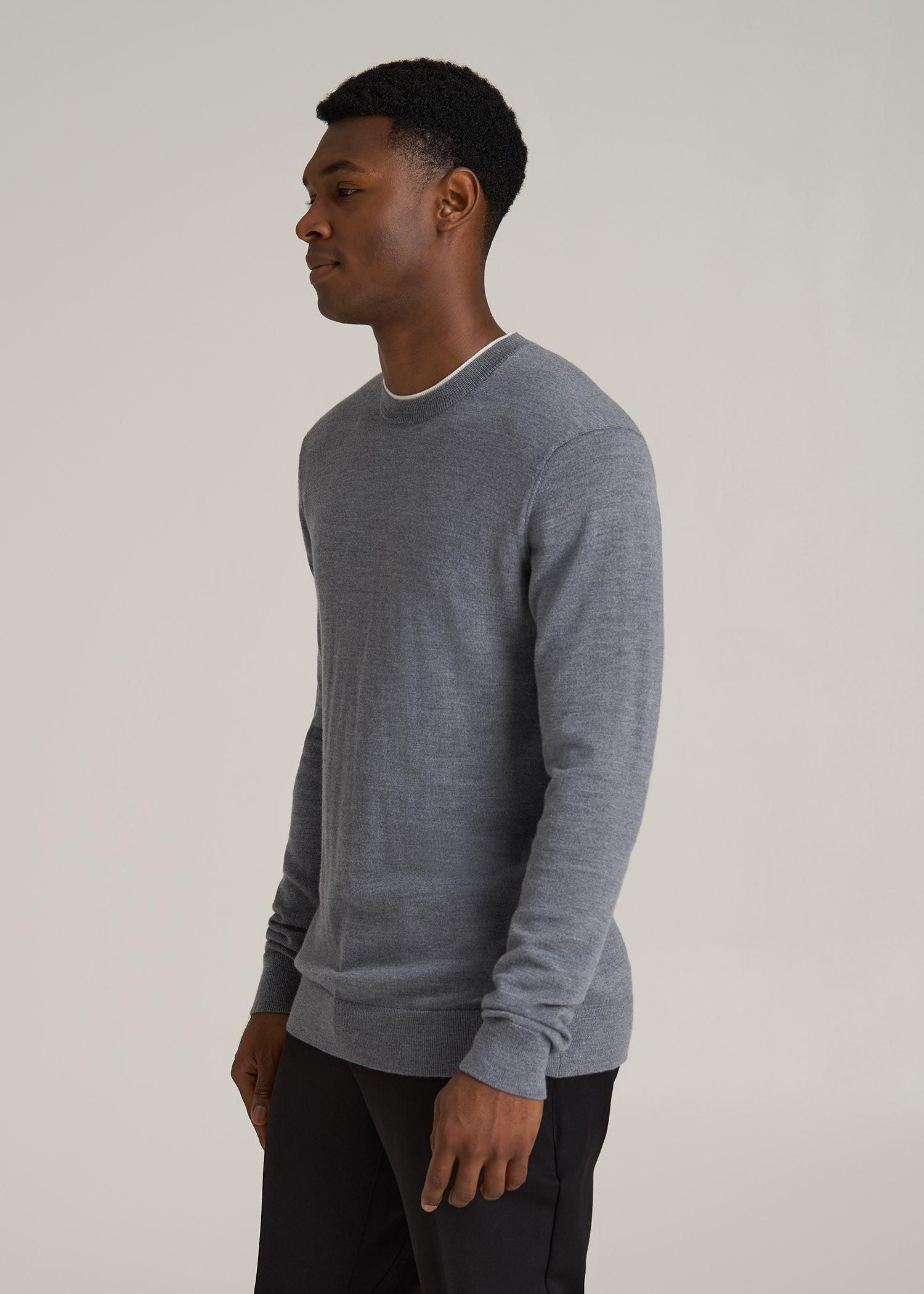 Merino Wool Crewneck Tip Sweater for Tall Men in Grey Mix Male Product Image