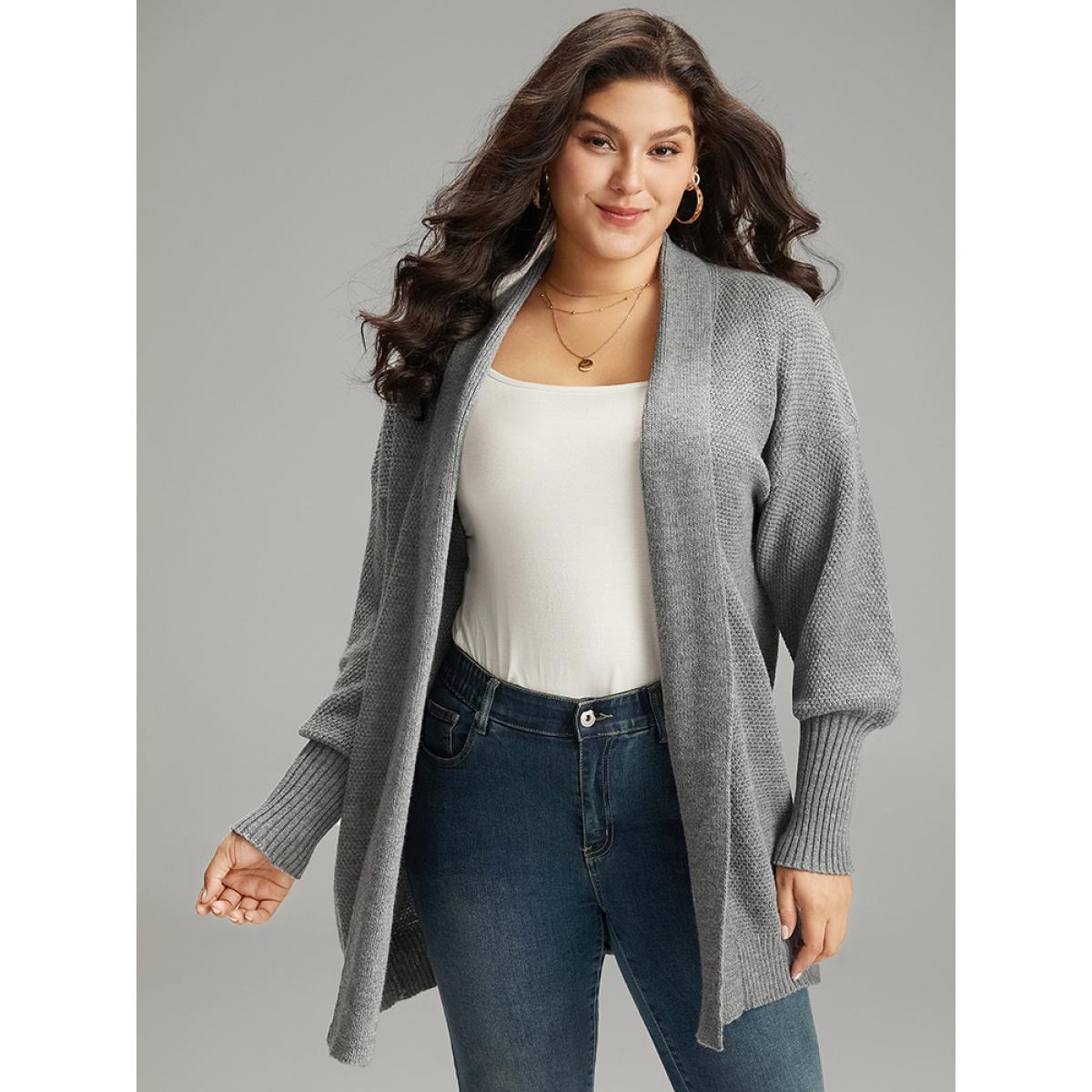 Plus Size Plain Open Front Elastic Cuffs Cardigan DarkGray Women Casual Loose Long Sleeve Dailywear Cardigans BloomChic 12/L Product Image