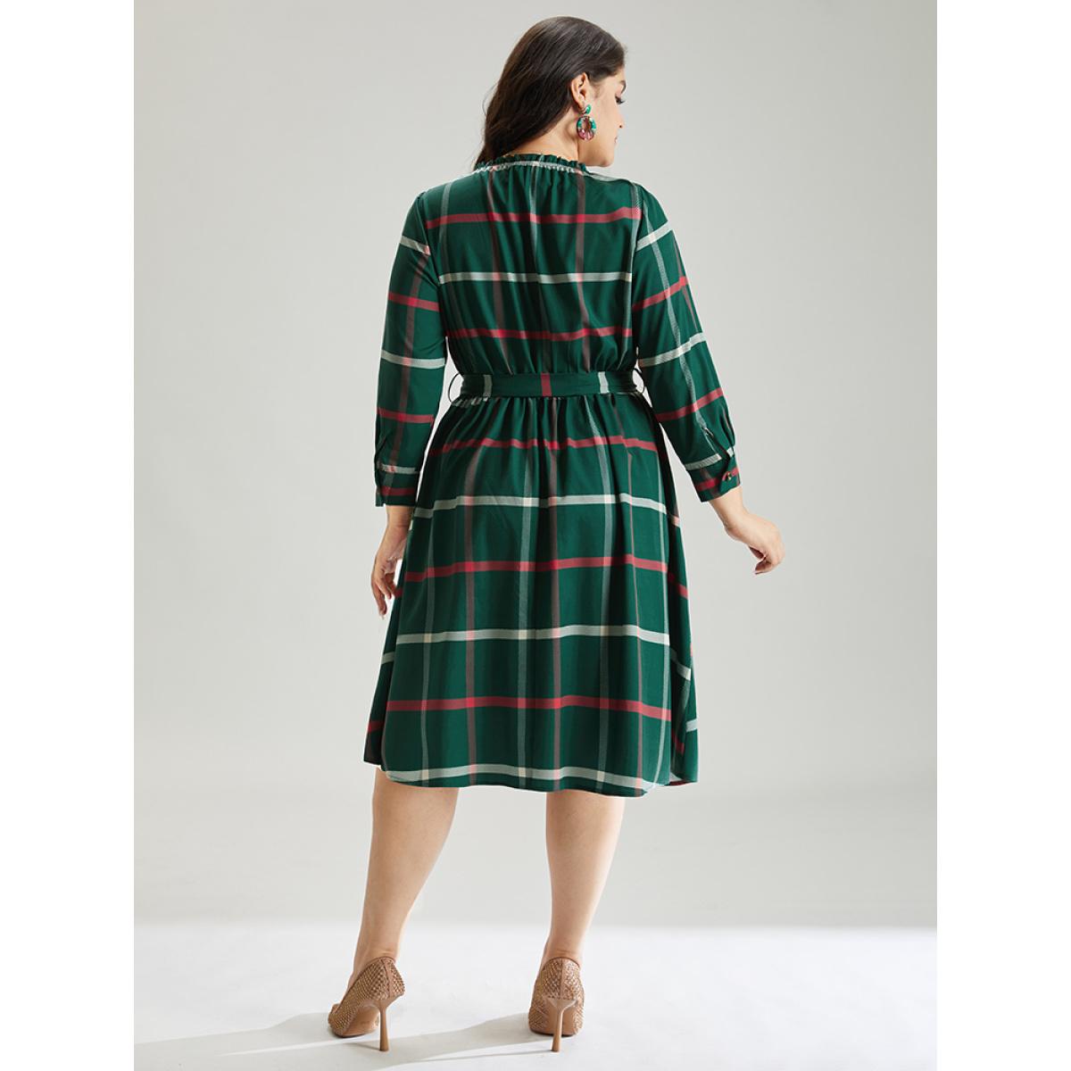 Plus Size Plaid Stand Collar Gathered Belted Dress Multicolor Women Office Printed Stand-up collar Elbow-length sleeve Curvy Midi Dress BloomChic 22-24/3X Product Image