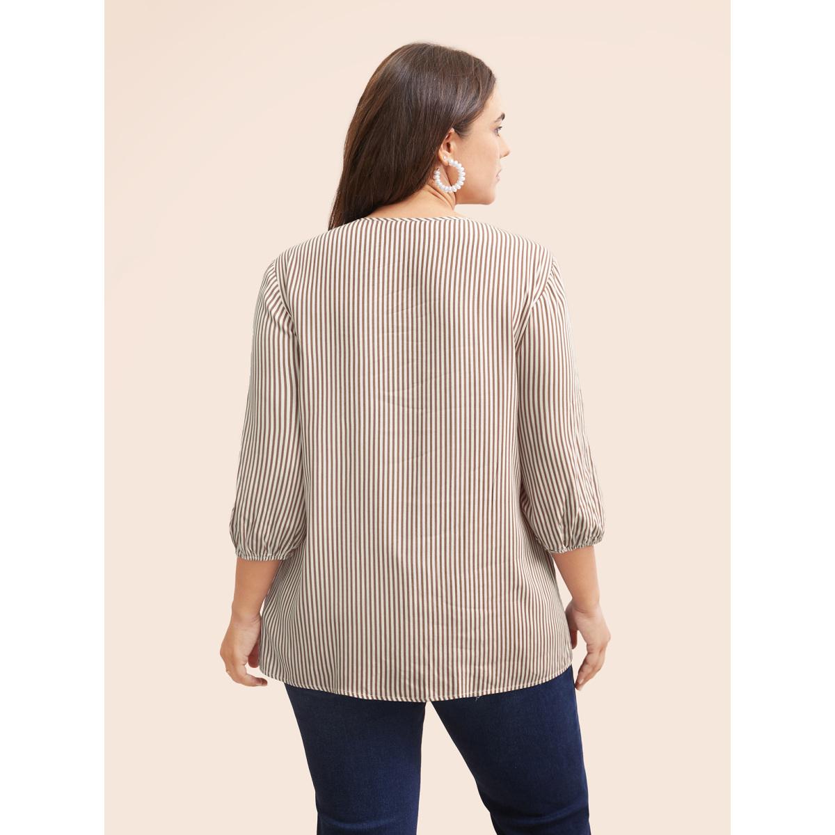 Plus Size LightBrown Striped Gathered Button Detail Lantern Sleeve Blouse Women Elegant Elbow-length sleeve V-neck Everyday Blouses BloomChic 18-20/2X Product Image