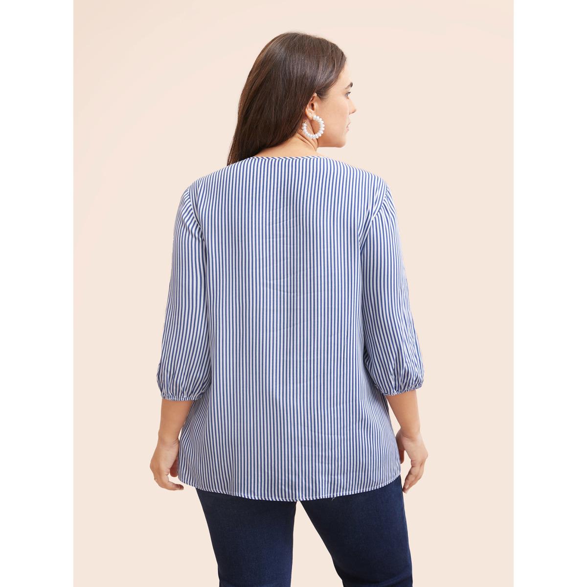 Plus Size Navy Striped Gathered Button Detail Lantern Sleeve Blouse Women Elegant Elbow-length sleeve V-neck Everyday Blouses BloomChic 12/L Product Image