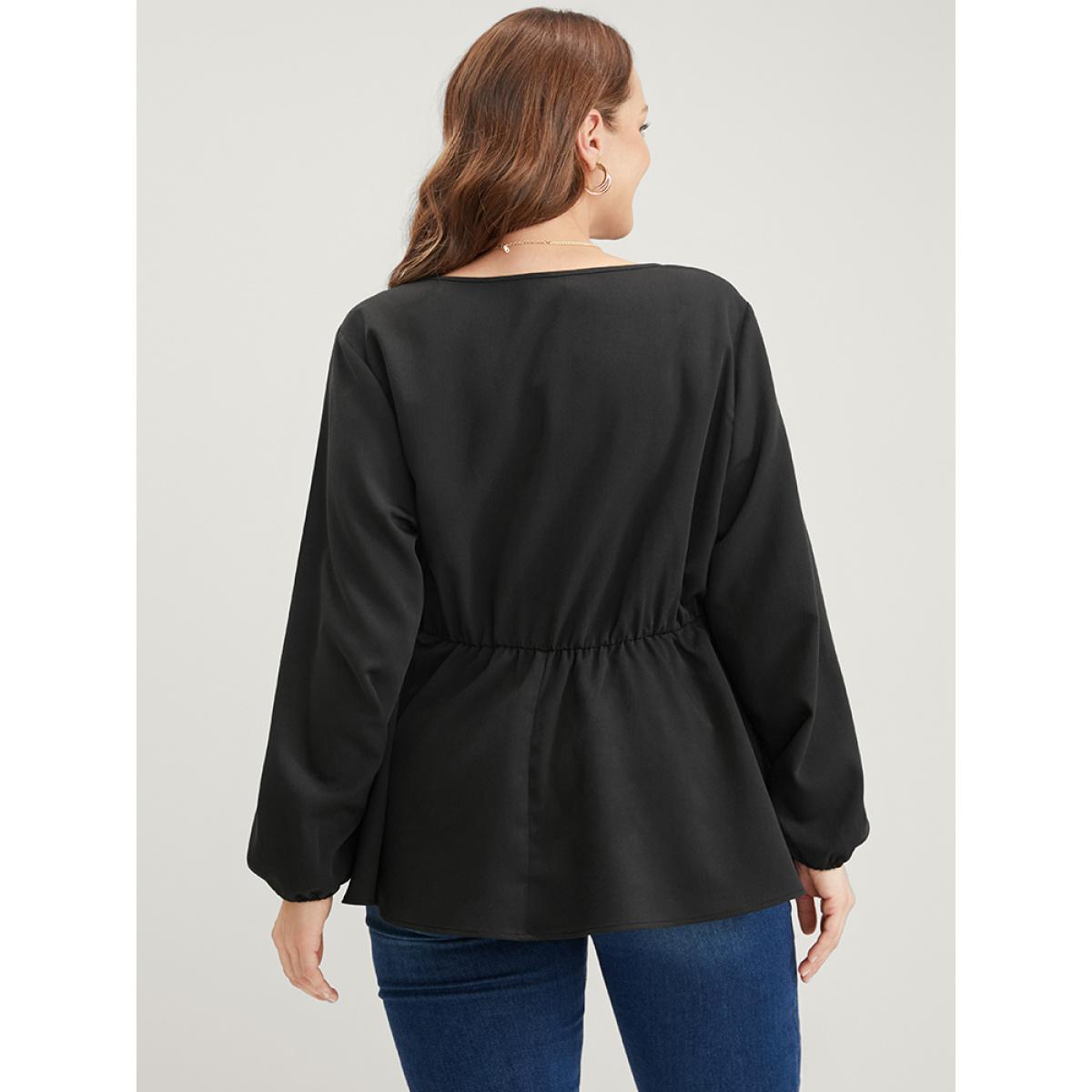 Plus Size Black Solid Lantern Sleeve Keyhole Round Neck Ruffle Blouse Women Elegant Long Sleeve Round Neck Dailywear Blouses BloomChic 12/L Product Image