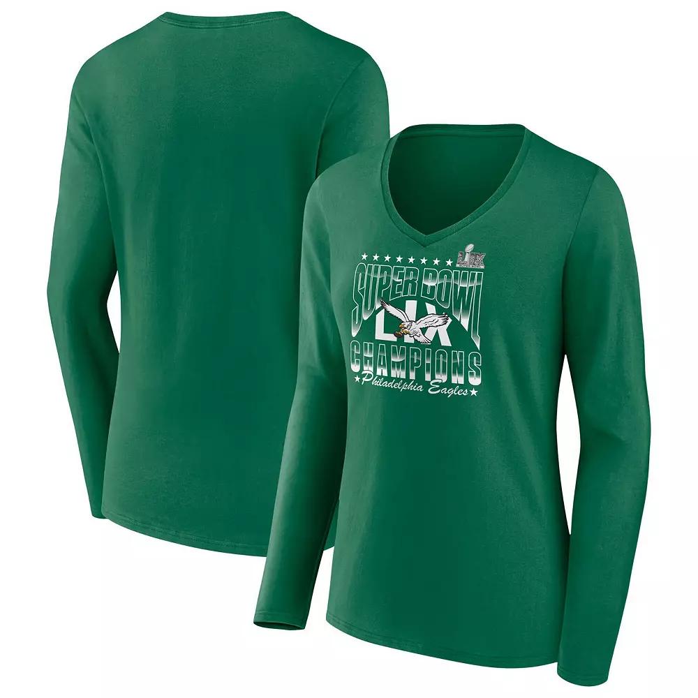 Women's Fanatics Kelly Green Philadelphia Eagles Super Bowl LIX Champions Retro Logo Long Sleeve V-Neck T-Shirt,  Product Image