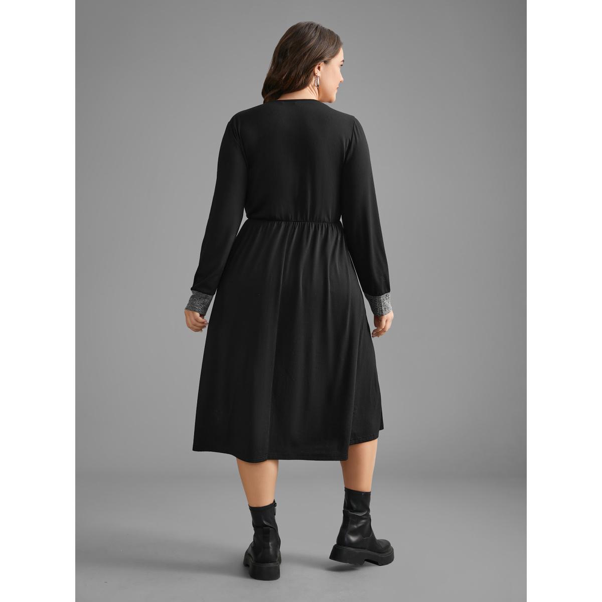 Plus Size Textured Patchwork Button Detail Midi Dress DimGray Women Casual Contrast V-neck Long Sleeve Curvy BloomChic 18-20/2X Product Image