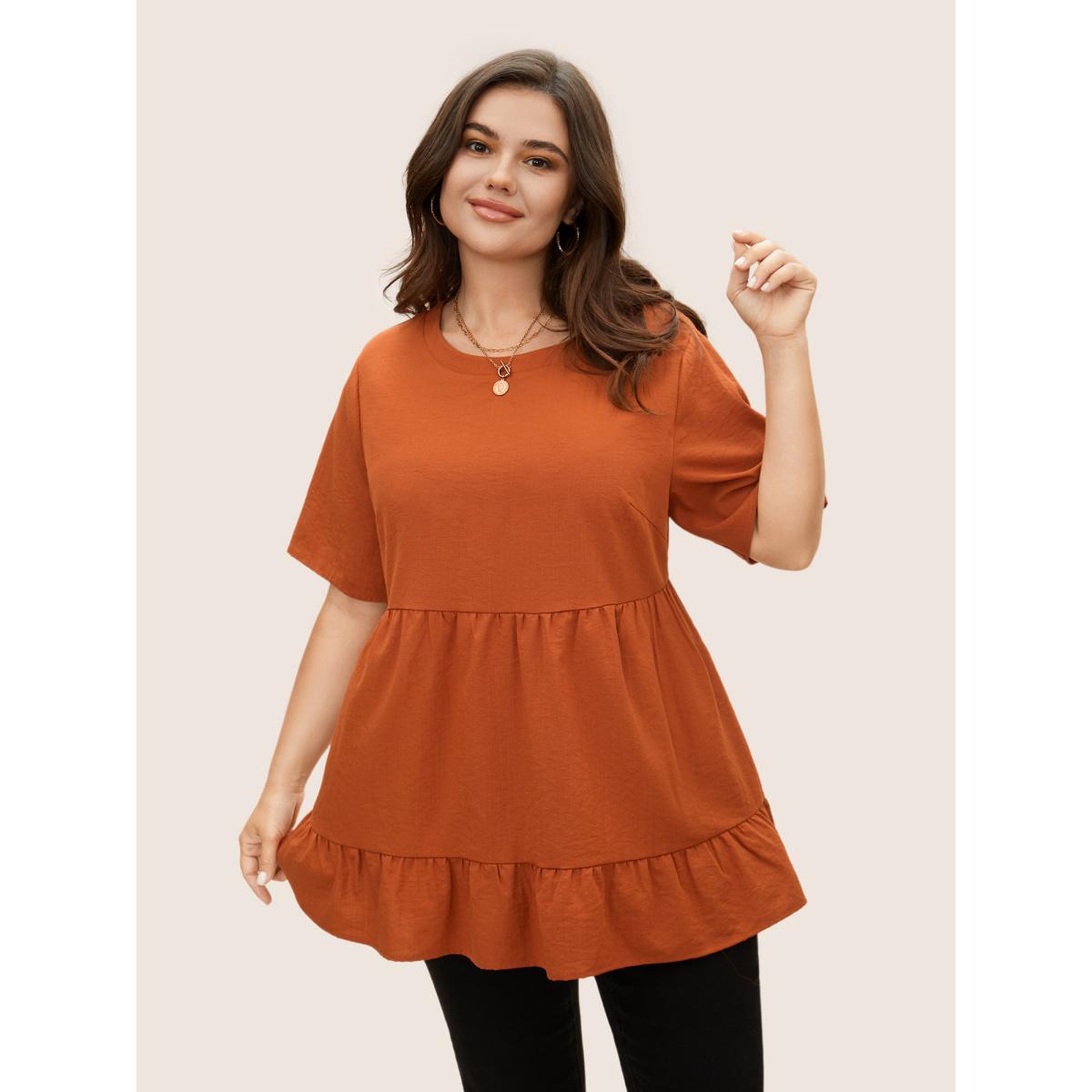 Plus Size Rust Solid Crew Neck Ruffle Hem Blouse Women Casual Short sleeve Round Neck Everyday Blouses BloomChic 12/L Product Image