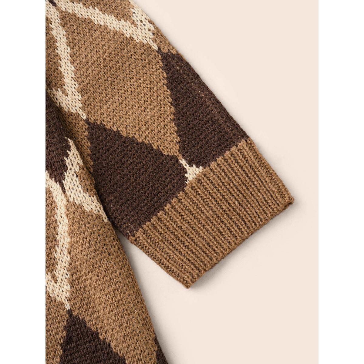 Plus Size Plaid Crew Neck Raglan Sleeve Cardigan Browncoffeecolor Women Leisure Loose Long Sleeve Round Neck Casual Pullovers BloomChic 18-20/2X Product Image