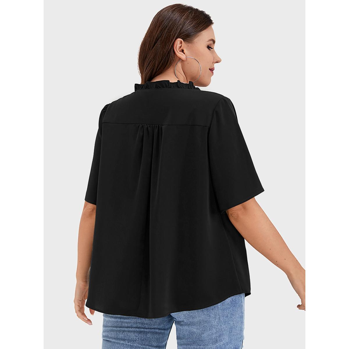 Plus Size Black Solid Shirred Frill Trim Button Notched Neck Blouse Women Elegant Short sleeve Dailywear Blouses BloomChic 10/M Product Image